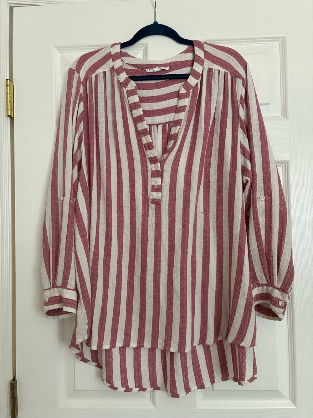 Jane and Delancey Striped V-Neck Tunic Top in Dusty Rose and White